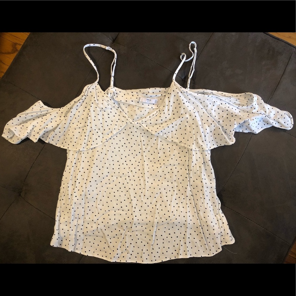 Mango Off-Shoulder Flutter Sleeve Polka Dot Top